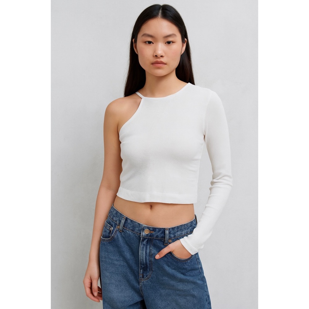 STAUD White‎ Ribbed Patchwork One Shoulder Long Sleeve Top Size 4